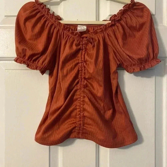 Burnt Orange Peasant Short Sleeve Stretchy Off Shoulder Top. Size: Juniors Large - Picture 1 of 3